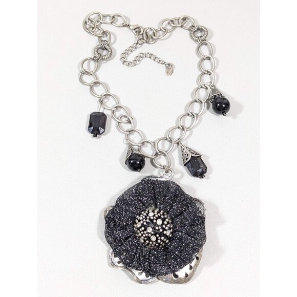 Bali Style Coastal Black Flower Rhinestone Pendant Charm Necklace Bold 22 in - Picture 3 of 11